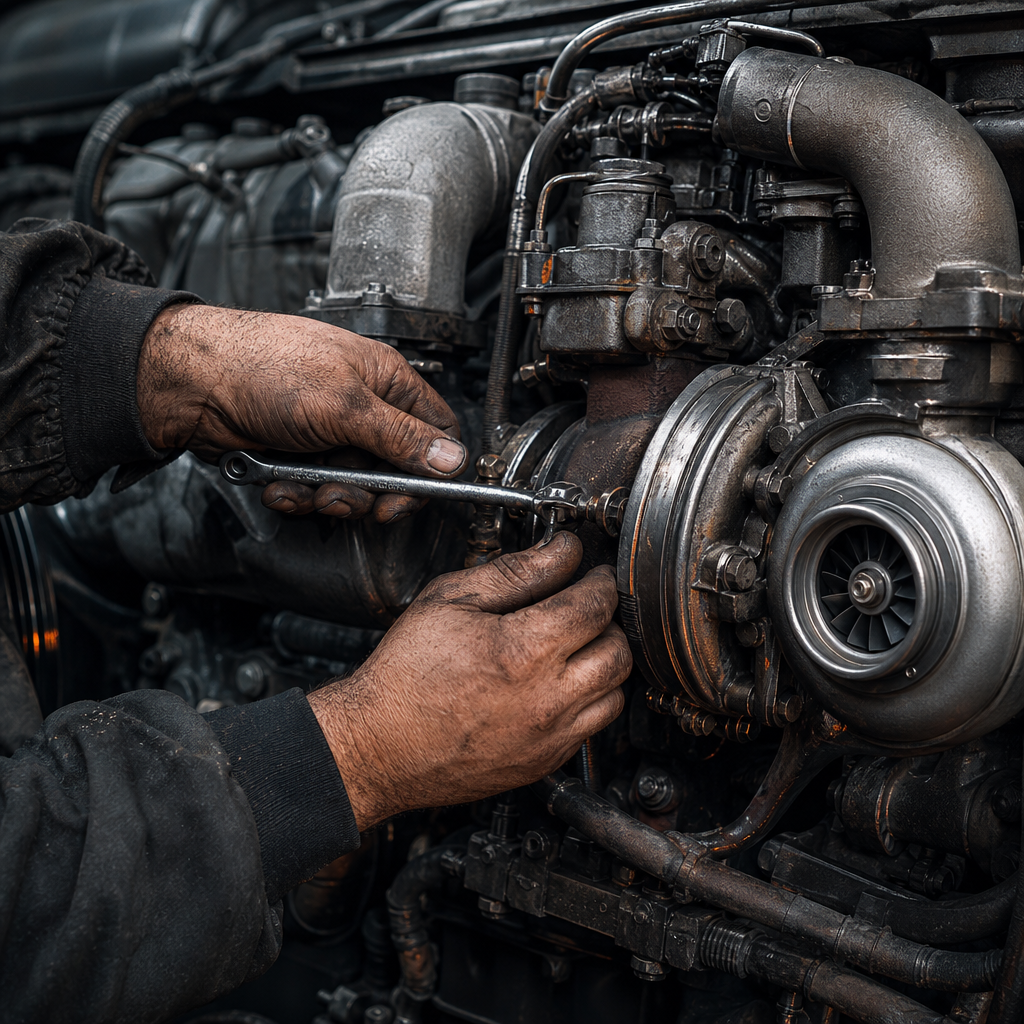 Close-up of a mechanic's hands repairing a large diesel truck engine