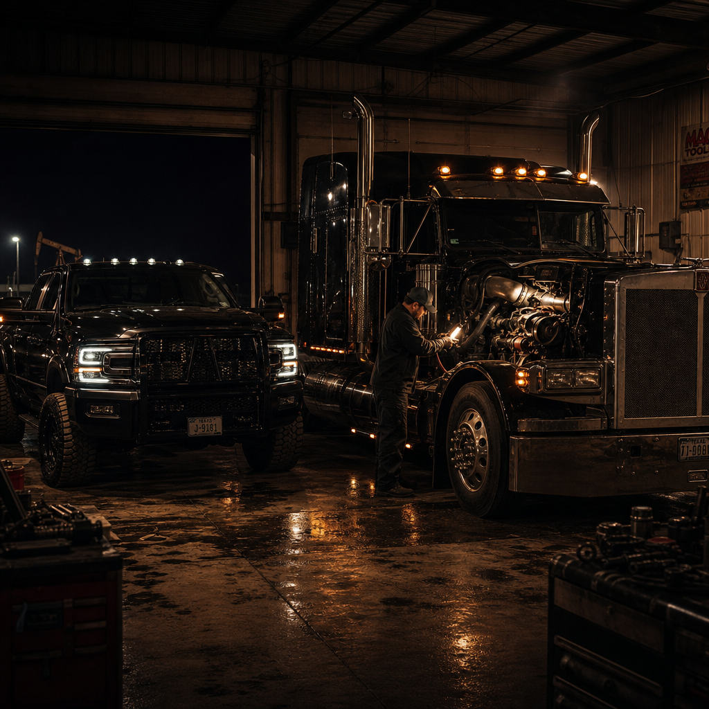 Diesel mechanic inspecting a heavy-duty semi truck engine in a Houston repair garage at night