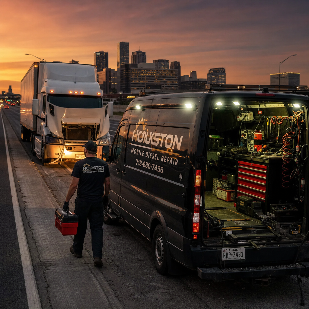 Mobile diesel repair truck assisting a broken-down semi on a Houston highway at dusk